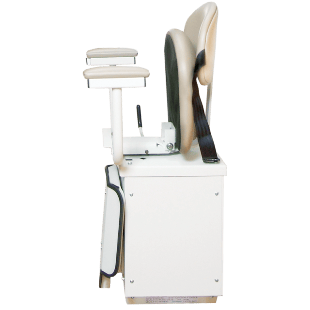 Side view of a stairlift with a beige seat and armrests, showing its mechanism and control lever attached to a white base.