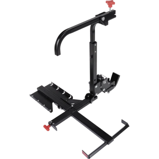 A black and red adjustable floor bike stand with clamps and levers for holding a bicycle securely.
