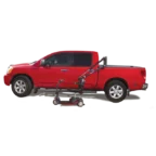 Red pickup truck with a mobility scooter lift attached to the bed, holding a small scooter next to the vehicle.