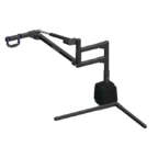 A 3D rendering of a black microphone boom arm with a sturdy base and adjustable joints.