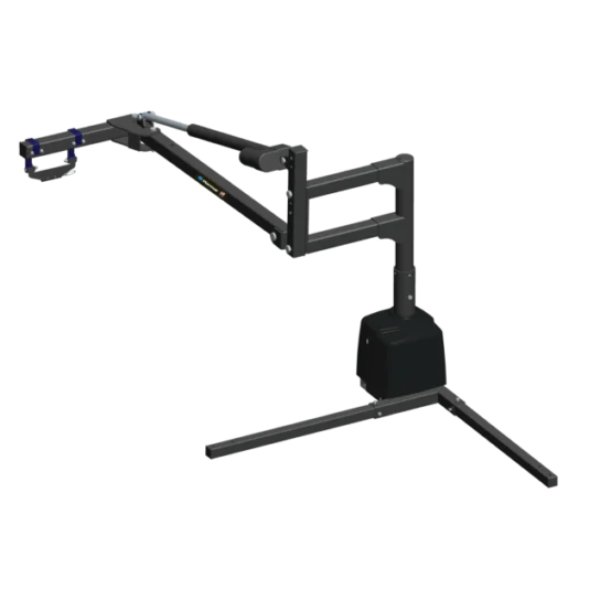 A 3D rendering of a black microphone boom arm with a sturdy base and adjustable joints.