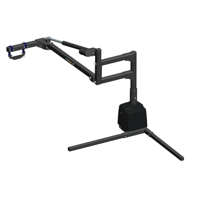 A 3D rendering of a black microphone boom arm with a sturdy base and adjustable joints.