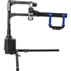 A black and blue camera stabilizer mount with adjustable arms and supports, set against a plain white background.