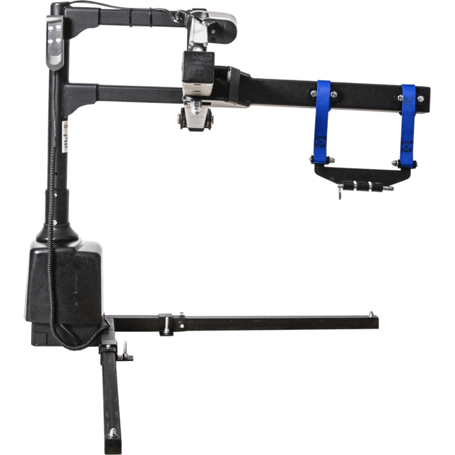 A black and blue camera stabilizer mount with adjustable arms and supports, set against a plain white background.