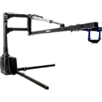 A black camera crane with an adjustable arm and a stabilizing base, designed for film and video production.