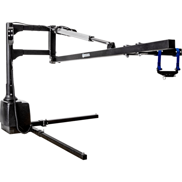 A black camera crane with an adjustable arm and a stabilizing base, designed for film and video production.