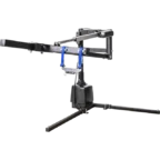 Camera jib with a counterbalance system on a tripod base, used for stable, dynamic filming.