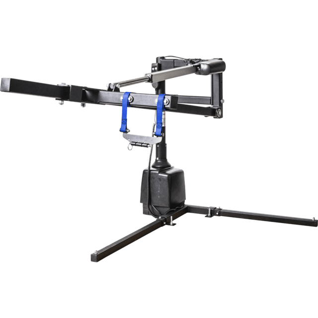 Camera jib with a counterbalance system on a tripod base, used for stable, dynamic filming.