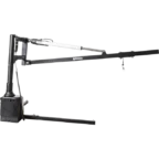 A black, L-shaped crane arm with a hydraulic cylinder and a hook hangs from one end.