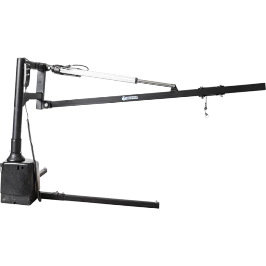 A black, L-shaped crane arm with a hydraulic cylinder and a hook hangs from one end.