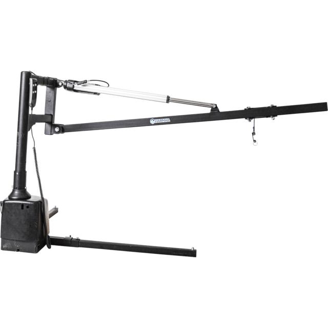 A black, L-shaped crane arm with a hydraulic cylinder and a hook hangs from one end.