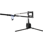 A black camera crane with a long arm and a tripod base, designed for film and video production, is displayed against a white background.