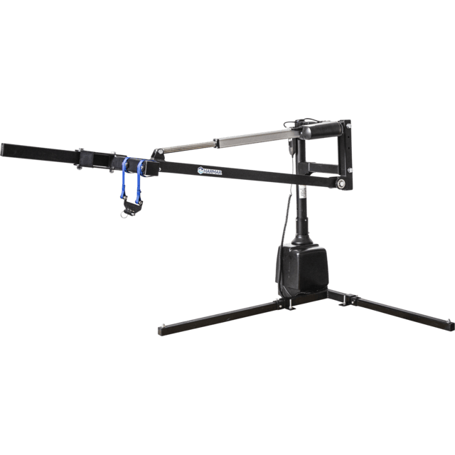A black camera crane with a long arm and a tripod base, designed for film and video production, is displayed against a white background.