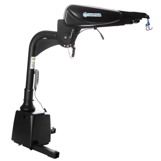 A black vehicle lift arm with a mechanical hook, branded with the Harmar logo, used for lifting and transporting mobility devices.