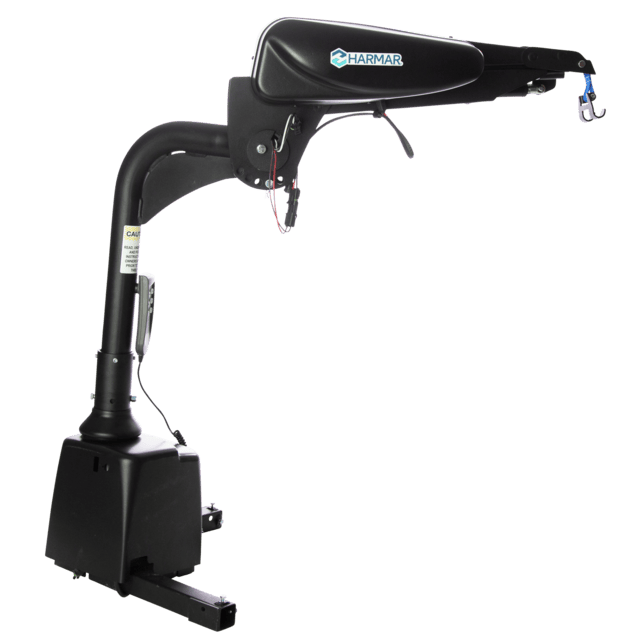 A black vehicle lift arm with a mechanical hook, branded with the Harmar logo, used for lifting and transporting mobility devices.