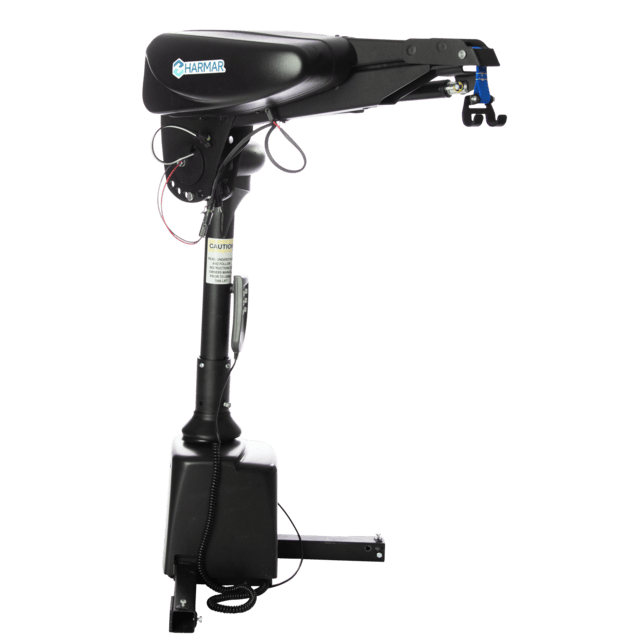 A black Harmar lift with a motorized mechanism, designed for lifting mobility devices.