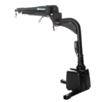 Black mobility lift with a sturdy arm and hook, featuring a control panel and a base designed for vehicle installation.