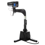 Robotic arm with a black base, flexible joint, and attached tool. It features a control panel with buttons and exposed wiring.