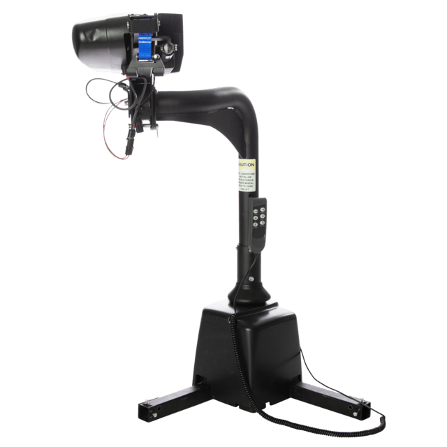 Robotic arm with a black base, flexible joint, and attached tool. It features a control panel with buttons and exposed wiring.