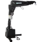 A black Harmar vehicle lift with an adjustable arm and hooks. It features a control panel and wiring, designed for lifting and transporting mobility devices.