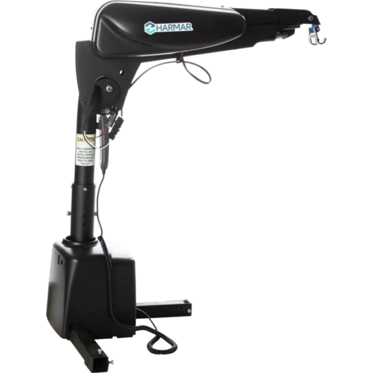 A black Harmar vehicle lift with an adjustable arm and hooks. It features a control panel and wiring, designed for lifting and transporting mobility devices.