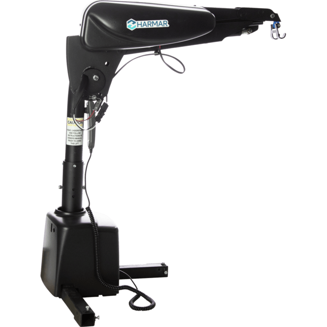 A black Harmar vehicle lift with an adjustable arm and hooks. It features a control panel and wiring, designed for lifting and transporting mobility devices.