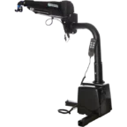 A black mobility lift with an adjustable arm and wired remote control, designed for assisting with lifting and transporting mobility devices.