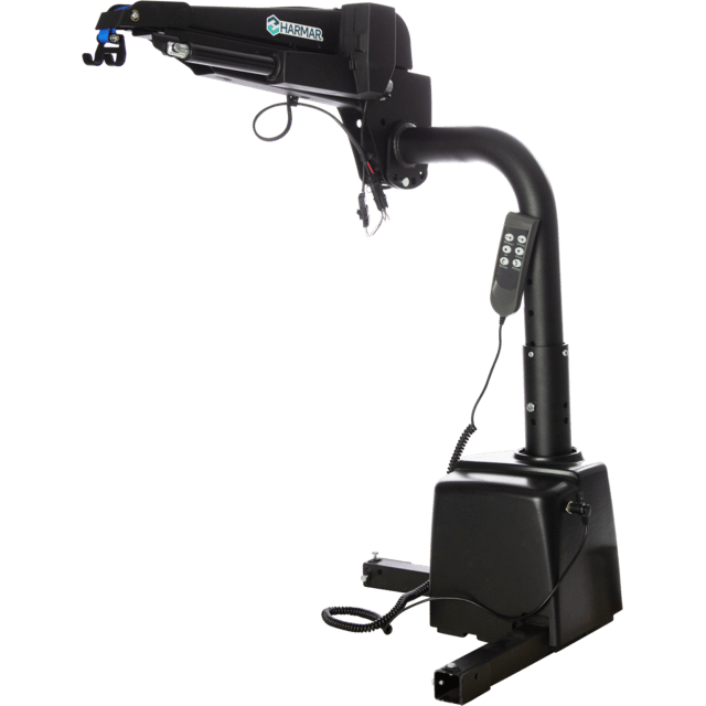 A black mobility lift with an adjustable arm and wired remote control, designed for assisting with lifting and transporting mobility devices.