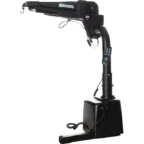 Black robotic arm with a control panel, labeled "Harmar.