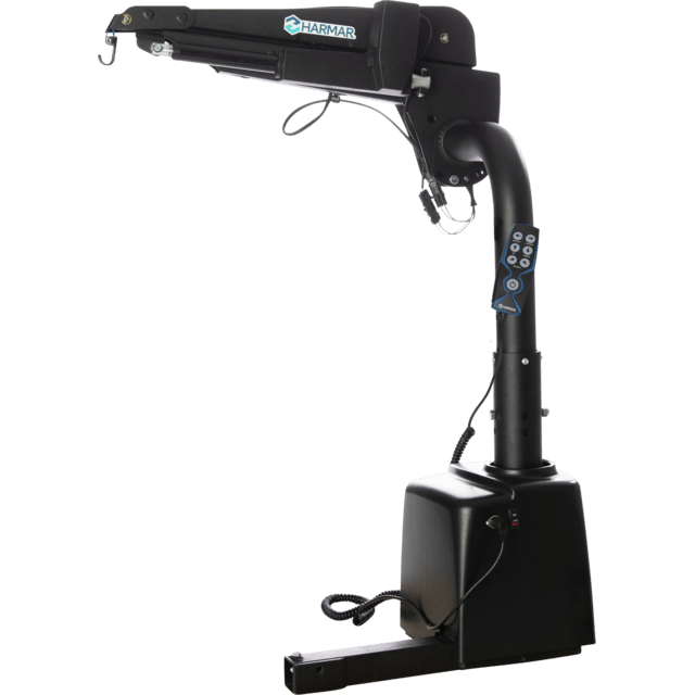 Black robotic arm with a control panel, labeled "Harmar.