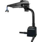 Black metal lifting crane with arm and hook, mounted on a sturdy base.