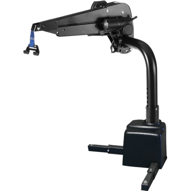 Black metal lifting crane with arm and hook, mounted on a sturdy base.