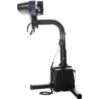 Ball launching machine with a black base, adjustable arm, and control panel, used for sports training.