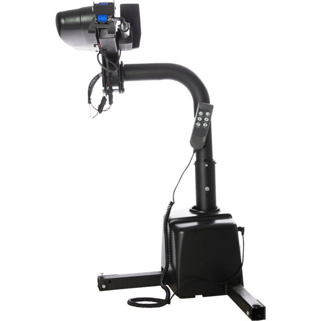 Ball launching machine with a black base, adjustable arm, and control panel, used for sports training.