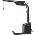 A black Hammar lifting device with a curved arm and a blue hook, designed for hoisting or moving objects.