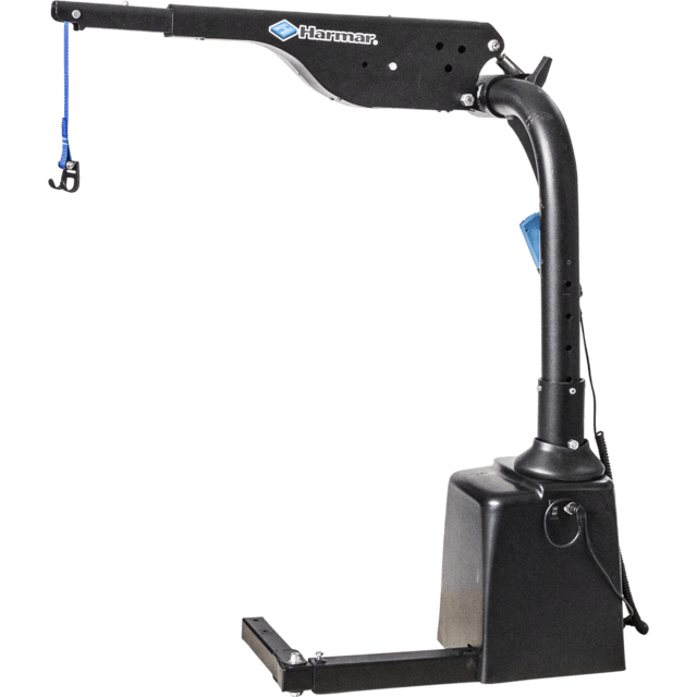 A black Hammar lifting device with a curved arm and a blue hook, designed for hoisting or moving objects.