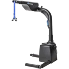 Vehicle lift with a curved arm and a blue strap attachment, designed for mobility aid.