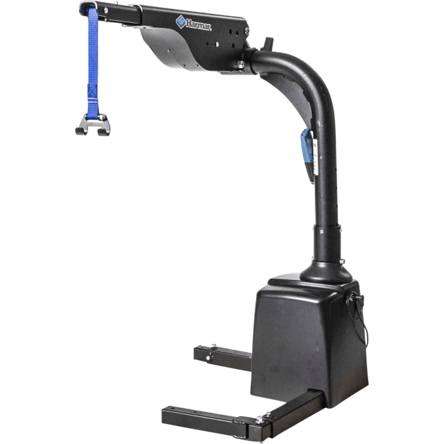 Vehicle lift with a curved arm and a blue strap attachment, designed for mobility aid.