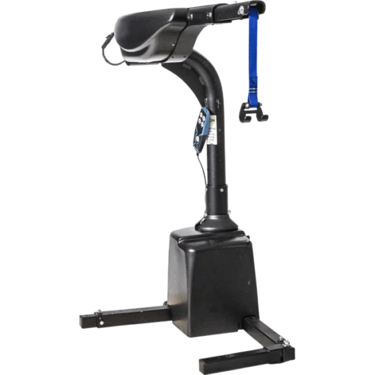 Lift chair motor mechanism with a black base and an elevated seat, featuring a blue strap and a tagged control mechanism.
