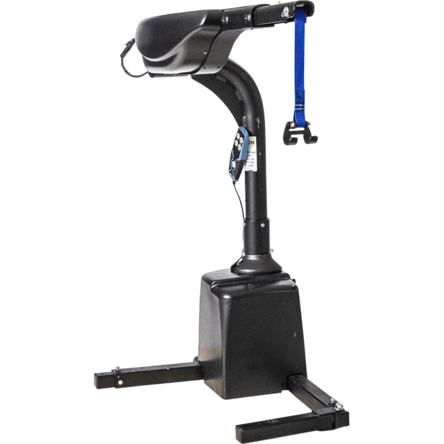 Lift chair motor mechanism with a black base and an elevated seat, featuring a blue strap and a tagged control mechanism.
