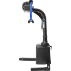 A black hitch-mounted bike rack with a blue strap, designed for securing bicycles to the back of a vehicle.