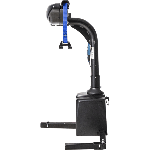 A black hitch-mounted bike rack with a blue strap, designed for securing bicycles to the back of a vehicle.