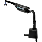 A black Harmar vehicle lift with a curved arm and hook attachment.