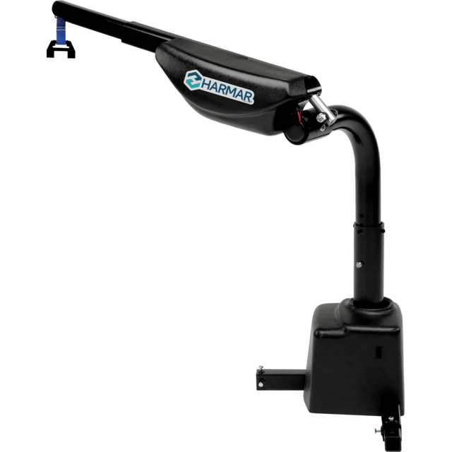 A black Harmar vehicle lift with a curved arm and hook attachment.