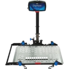 A metal platform lift with a stabilizing pole and a control box at the top, designed for mobility devices.