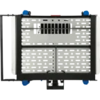 Rear view of a star-patterned metal cargo carrier with blue wheels and black frame attachments.