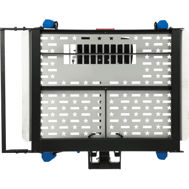 Rear view of a star-patterned metal cargo carrier with blue wheels and black frame attachments.