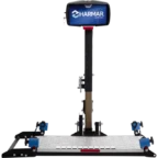 Harmar wheelchair lift with a platform and vertical support bar, featuring blue securing straps and a digital screen displaying "Harmar".