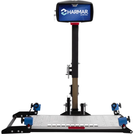 Harmar wheelchair lift with a platform and vertical support bar, featuring blue securing straps and a digital screen displaying "Harmar".