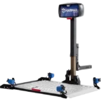 A Harmar mobility lift platform with a tilting ramp and blue securing clamps, designed for transporting wheelchairs or scooters on vehicles.